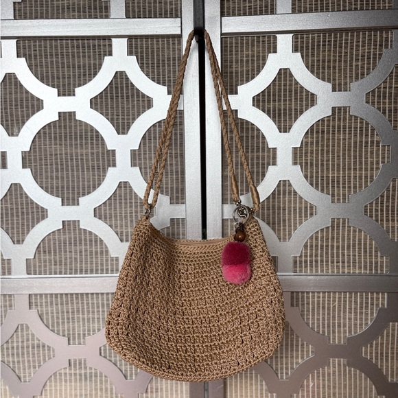 The Sak Handbags - The Sak Tan Crochet Shoulder Bag with Pink Key